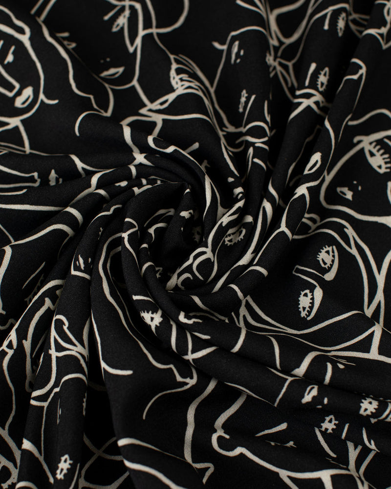 Crowded Faces Black Rayon Challis