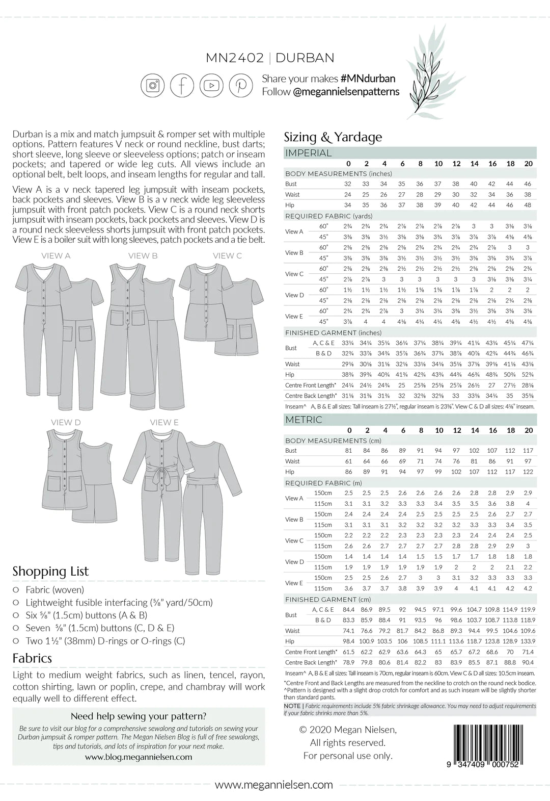 Megan Nielsen Durban Jumpsuit & Romper Pattern