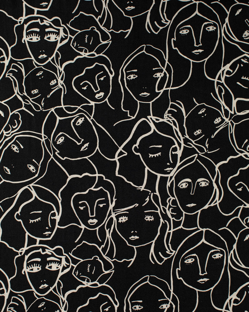 Crowded Faces Black Rayon Challis